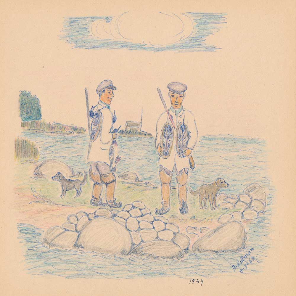 Två män med gevär på ryggen står med en hund på en udde vid vattnet.