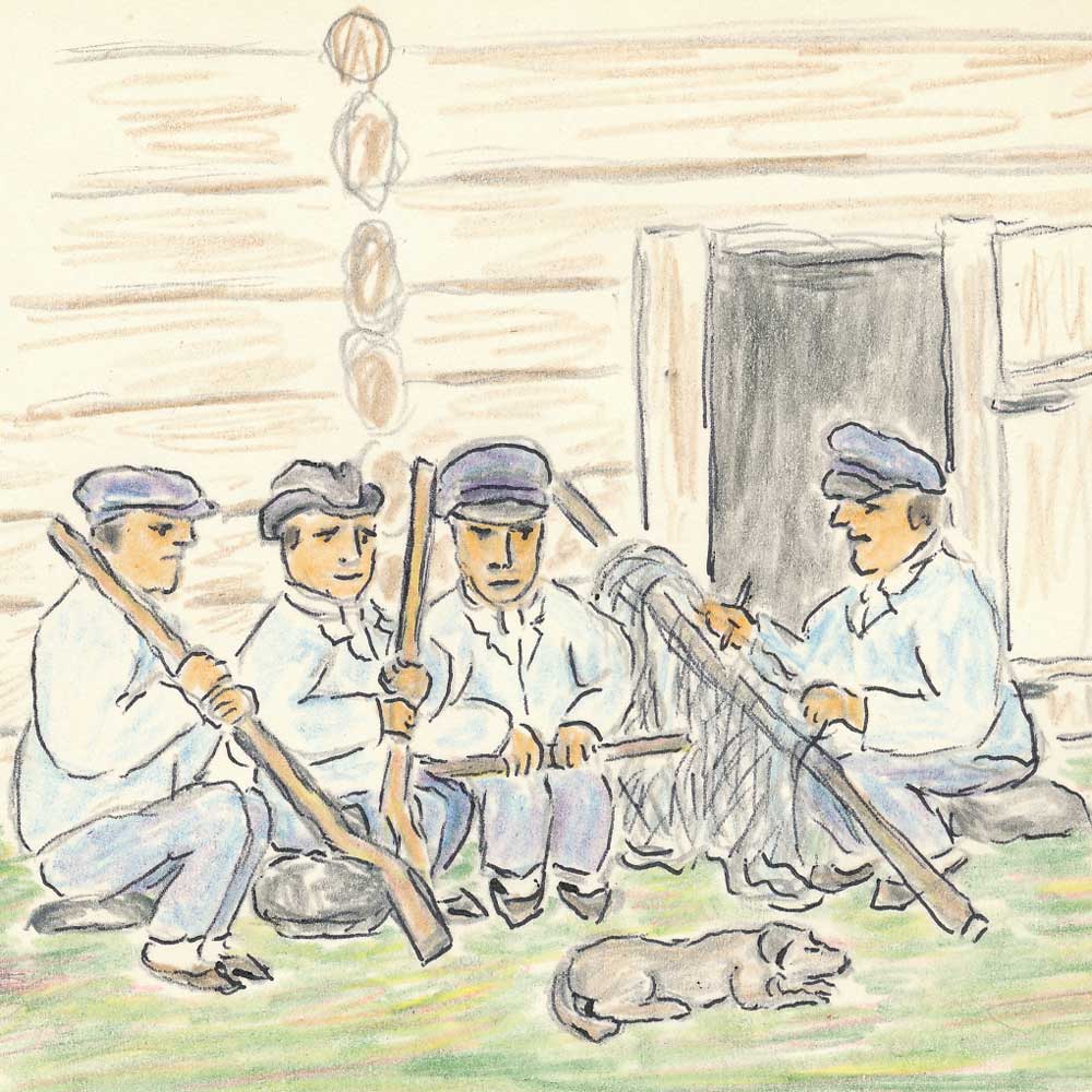 Teckning. Fyra män sitter vid husvägg, en av dem lagar när, en annan har en bössa liggande över knäna.