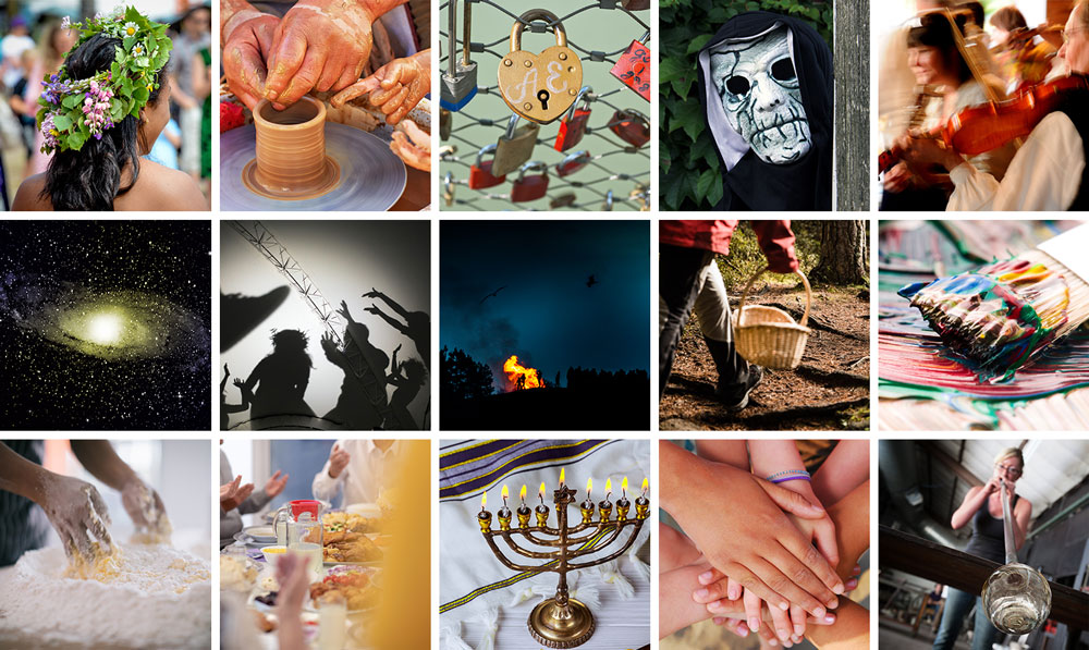 Bildblock med olika exempel på traditioner.