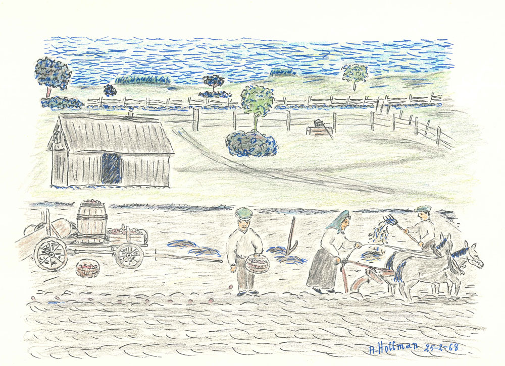 Teckning med man och kvinna som arbetar på en åker. I bakgrunden syns en gård och vatten. 