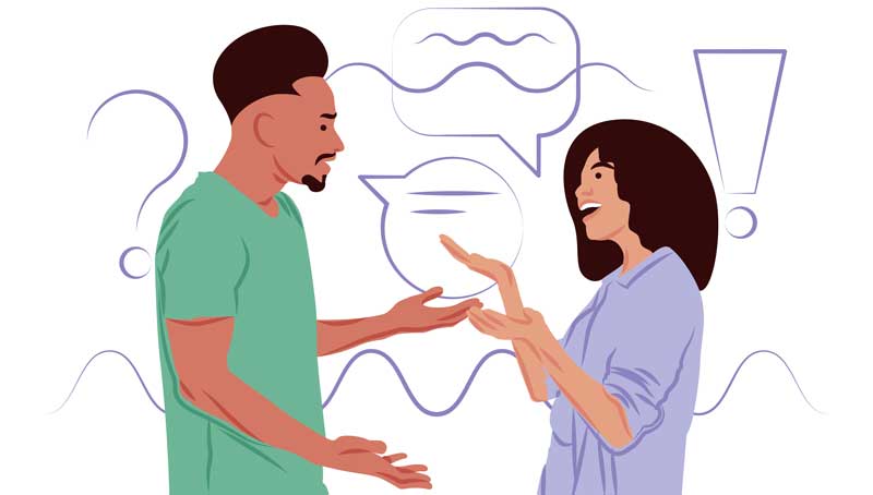 Illustration med två människor som pratar med varandra.